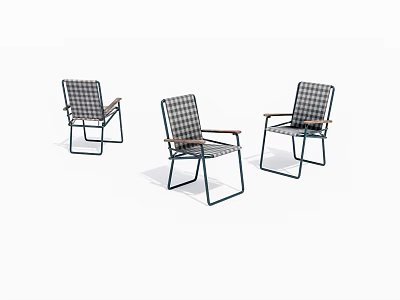 Three Modern Leisure Chairs With Plaid Seat Cushions And Metal Frames For Indoor Outdoor Use 3d model