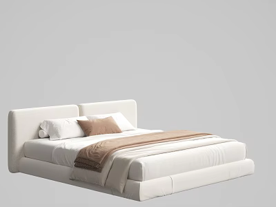 Modern White Double Bed with Upholstered Headboard and Soft Pillows with Brown Blanket 3d model