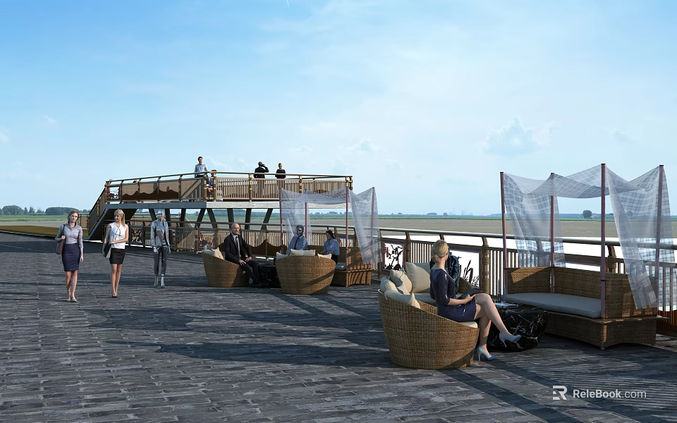Road Facilities Featuring Wooden Deck Pedestrian Walkway And Seating Areas For Visitors 3d model 