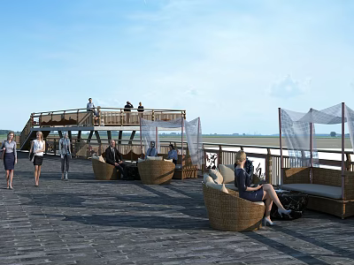 Road Facilities Featuring Wooden Deck Pedestrian Walkway And Seating Areas For Visitors 3d model