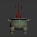 Decorative Bronze Incense Burner Ornament Set With Three Legs Side Handles And Red Incense Sticks