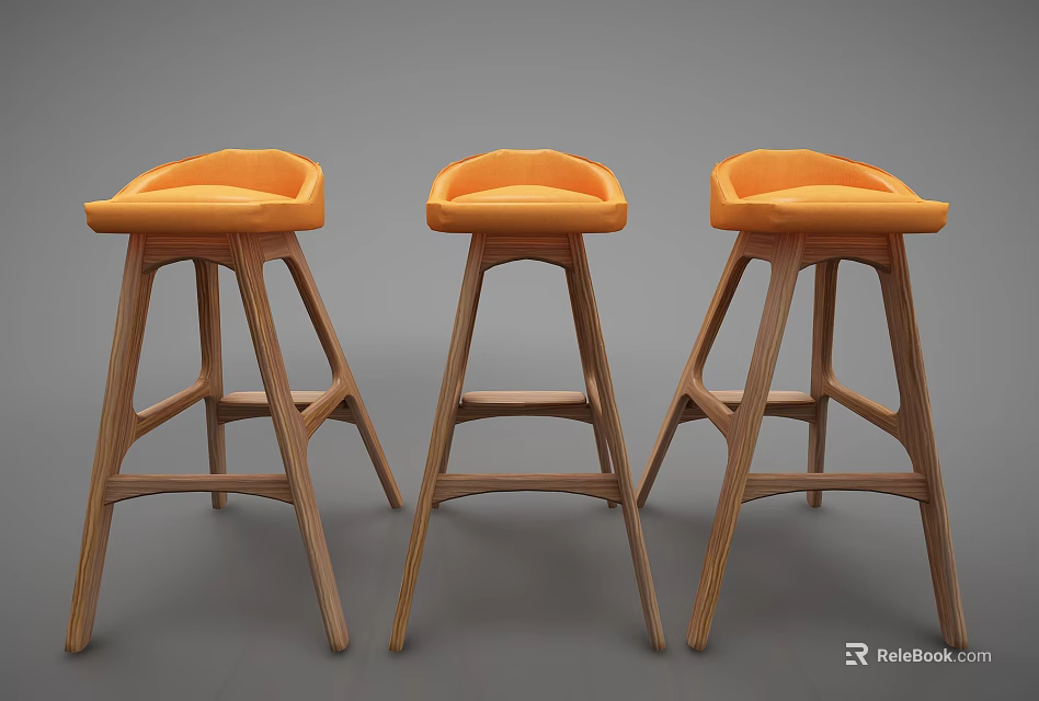 Three Modern Bar Stools With Orange Seats And Stylish Wooden Legs 3d model 