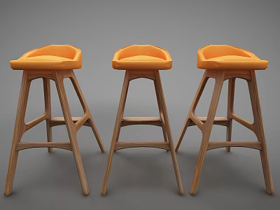 Three Modern Bar Stools With Orange Seats And Stylish Wooden Legs 3d model