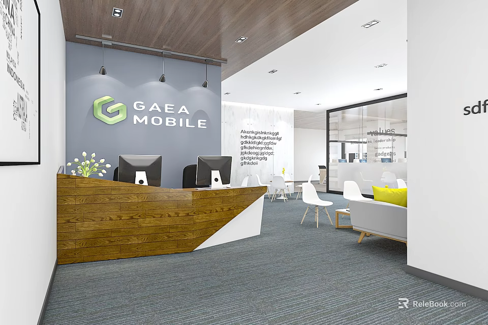 Modern Office Interior With Wooden Reception Desk Computers Sofa Chairs And Open Space 3d model 