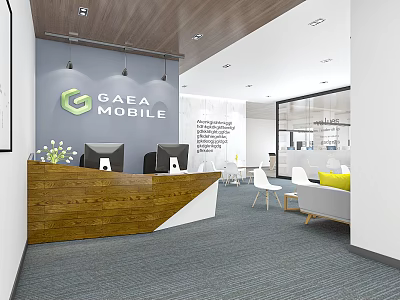 Modern Office Interior With Wooden Reception Desk Computers Sofa Chairs And Open Space 3d model