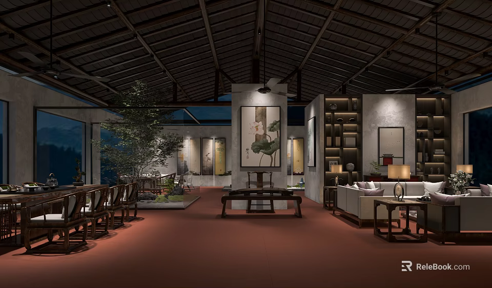Chinese Style Hotel Public Lounge With Wooden Roof Decorative Paintings Bookshelves And Green Plants 3d model 