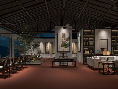 Chinese Style Hotel Public Lounge With Wooden Roof Decorative Paintings Bookshelves And Green Plants 3d model