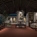 Chinese Style Hotel Public Lounge With Wooden Roof Decorative Paintings Bookshelves And Green Plants
