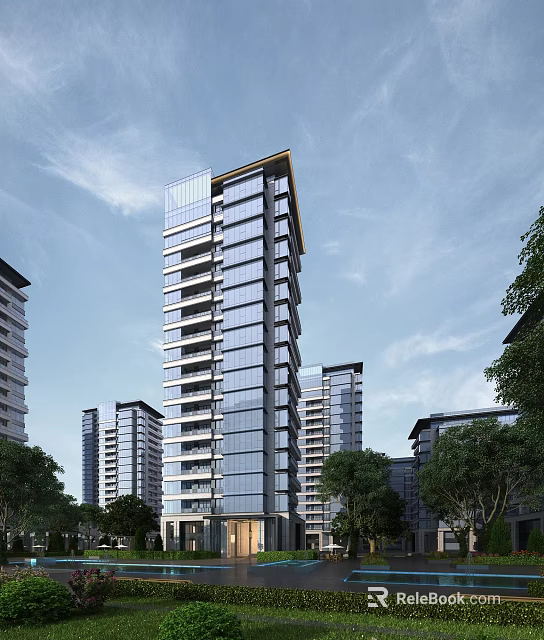 Modern High Rise Residential Building with Glass Curtain Wall Surrounded by Trees and Other Buildings 3d model 