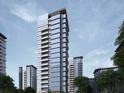Modern High Rise Residential Building with Glass Curtain Wall Surrounded by Trees and Other Buildings 3d model