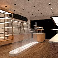 Bright Modern Dessert Shop Interior With Glass Display Cases Wooden Counters And Green Plants