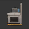 Vintage Style Kitchen Appliance With Stove Oven Microwave Featuring Blue And Silver Pots