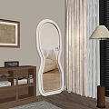 Stylish Home Interior Decor With Unique Shaped Mirror Floor Lamp Beige Curtains And Wall Art