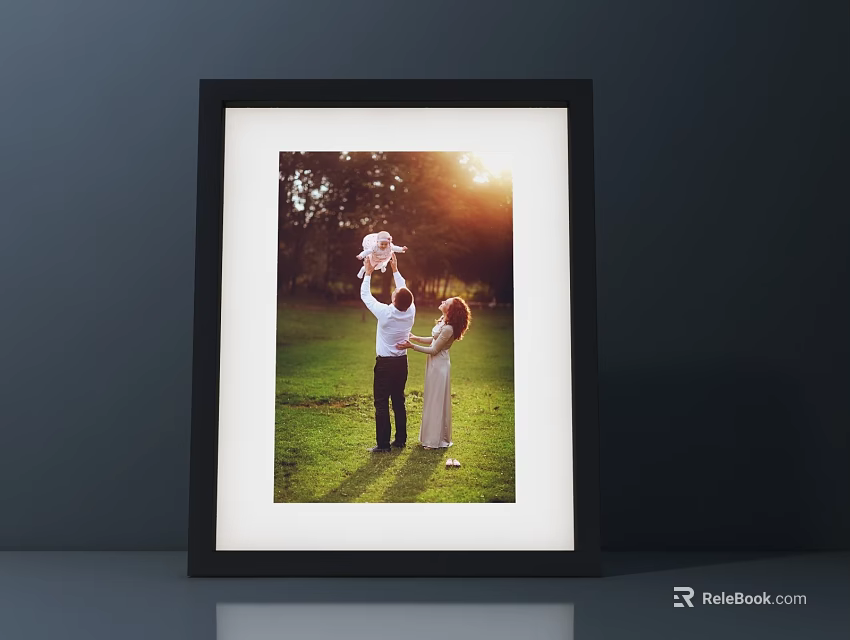 Framed Family Portrait Of Parents Lifting Baby In Sunset Grass Field 3d model 