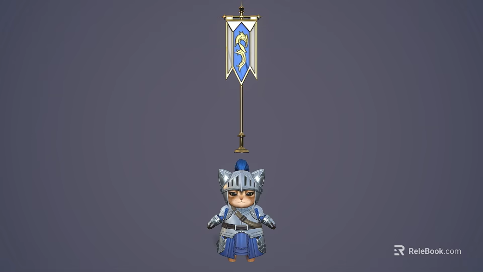 Chibi Style Game Character In Blue Armor With Helmet Sword And Decorative Banner 3d model 