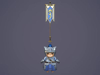 Chibi Style Game Character In Blue Armor With Helmet Sword And Decorative Banner 3d model