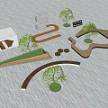Modern Curved Landscape Seats With Green Trees And Architectural Model 3d model