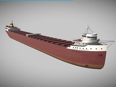 Large Red Hull Cargo Ship With White Superstructure And Navigation Bridge 3d model