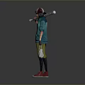 Colorful Anime Character Design With Green Jacket Baseball Bat Striped Pants Red Sneakers And Cap