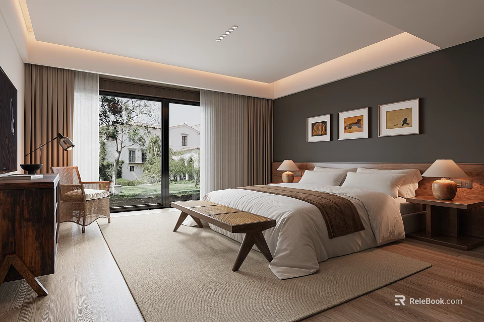 Modern Hotel Room Interior With Large Bed Floor to Ceiling Window and Decorative Paintings 3d model 