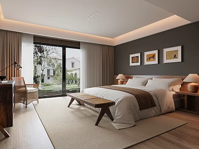 Modern Hotel Room Interior With Large Bed Floor to Ceiling Window and Decorative Paintings 3d model