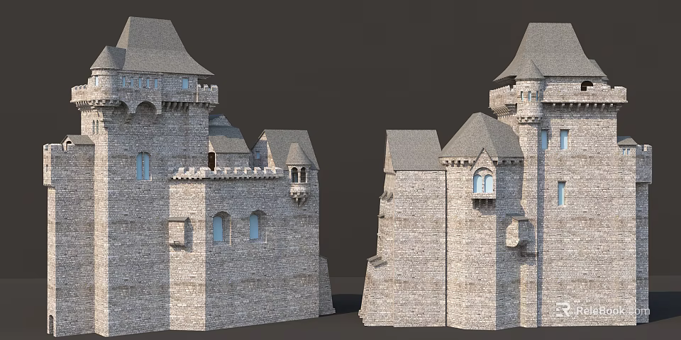 Traditional European Architecture with Historic Towers Stone Walls and Arched Windows 3d model 