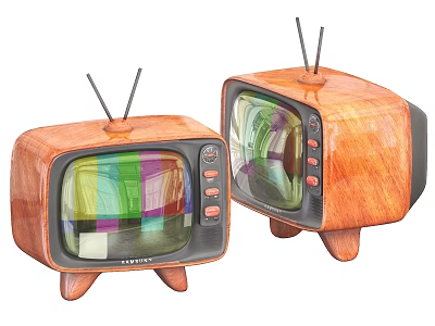 Two Vintage Wooden Case Televisions With Antennas And Color Display Screens 3d model