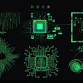 Modern Tech Themed Wall Decor With Green Circuit Board Lines Chips And Gear Designs