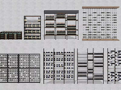 Various Wine Cabinets with Metal Frames Wooden Shelves and Hanging Racks for Home Bar 3d model