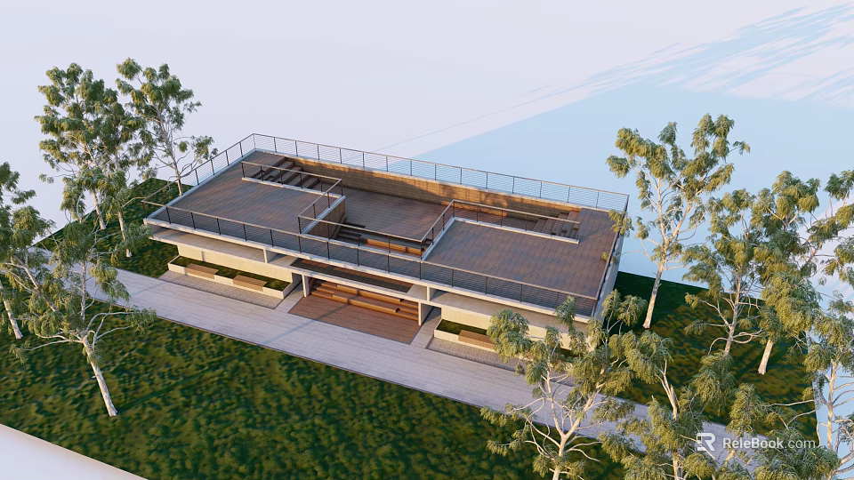 Modern Two Story Building With Roof Terrace Deck Lush Trees Green Lawn And Front Walkway 3d model 