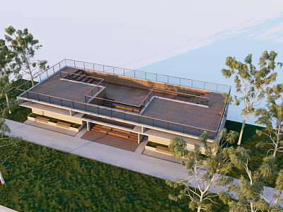 Modern Two Story Building With Roof Terrace Deck Lush Trees Green Lawn And Front Walkway 3d model