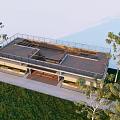 Modern Two Story Building With Roof Terrace Deck Lush Trees Green Lawn And Front Walkway