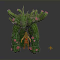 Adventurous Hat Wearing Character Standing Before Giant Green Cactus Creature With Red Flowers