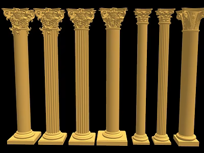 Collection of Classical Roman Columns with Various Ornate Capitals and Golden Finish 3d model
