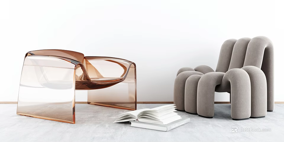 Modern Brown Acrylic and Gray Upholstered Accent Chairs in Living Space with Open Book 3d model 