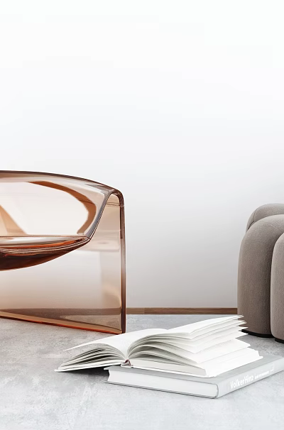 Modern Brown Acrylic and Gray Upholstered Accent Chairs in Living Space with Open Book 3d model