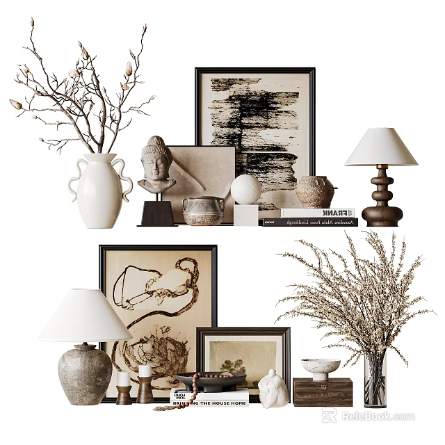 Ornamental Decor Collection With White Vase Buddha Statue Framed Art Table Lamp And Dried Branches 3d model 