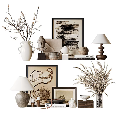 Ornamental Decor Collection With White Vase Buddha Statue Framed Art Table Lamp And Dried Branches 3d model