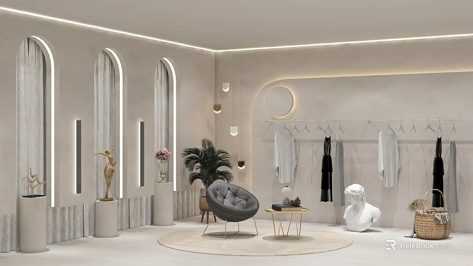 Modern Clothing Store With Arched Windows Clothes On Hangers Gray Chair Round Rug And Statue 3d model 