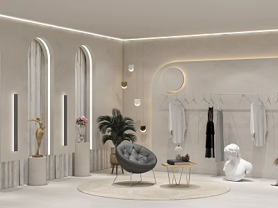 Modern Clothing Store With Arched Windows Clothes On Hangers Gray Chair Round Rug And Statue 3d model