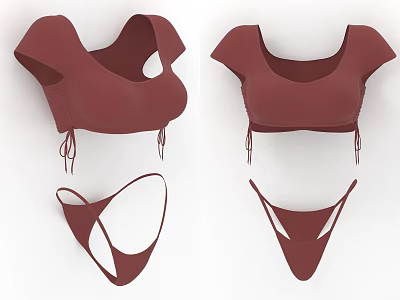Burgundy Minimalist Bikini Sets With Short Sleeve Tops And Tie String Bottoms 3d model