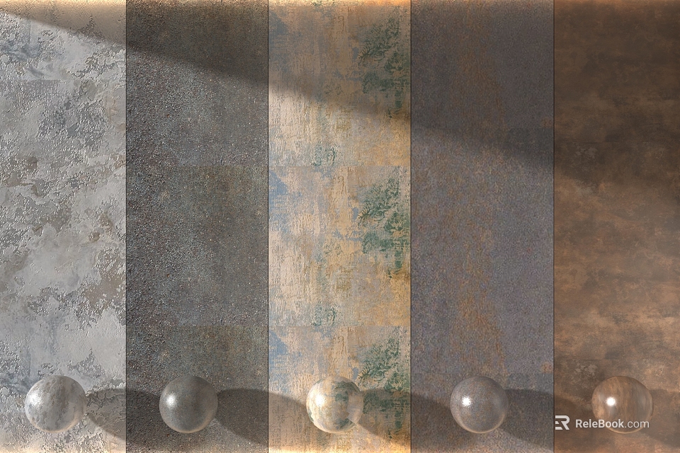 Various Textured Background Wall Samples With Different Patterns And Decorative Spheres At The Bottom 3d model 