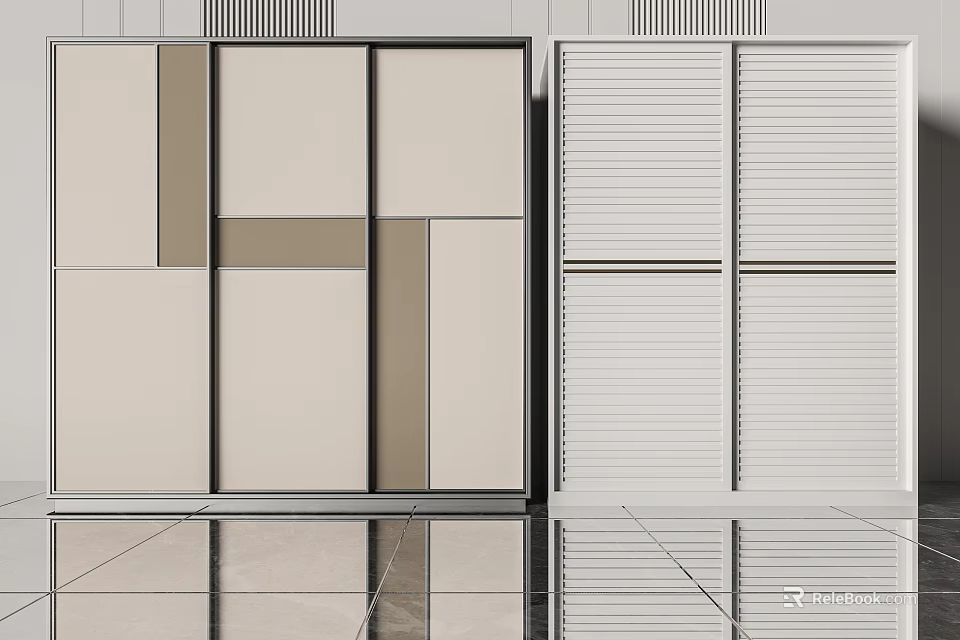 Modern Wardrobe Design With Panel And Louvered Doors In Neutral Color Tones 3d model 