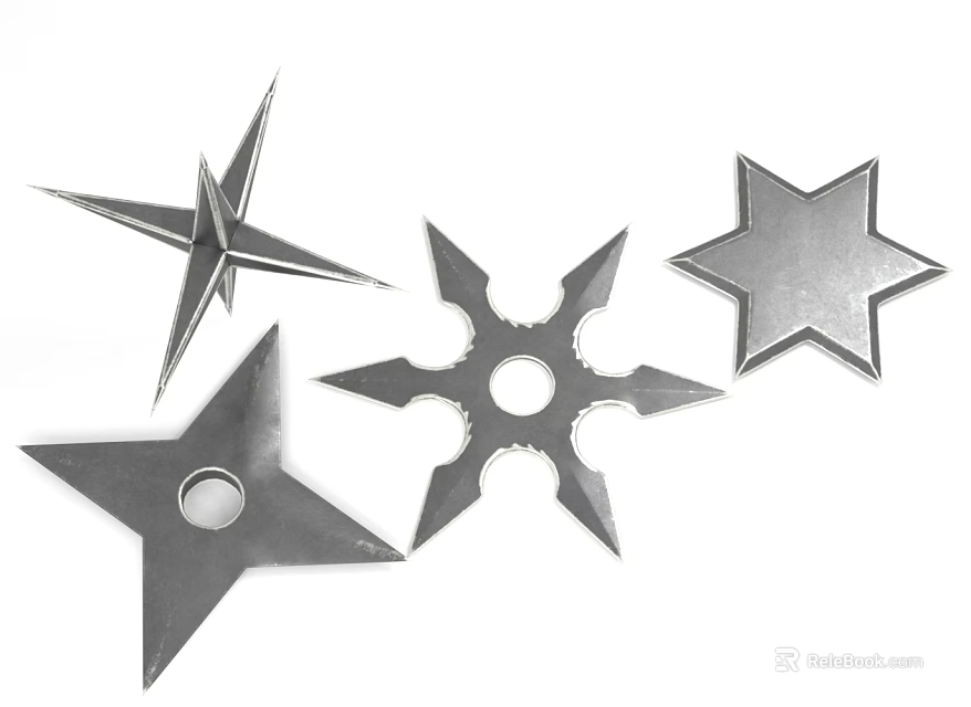 Traditional Ninja Throwing Star Weapon Featuring Four Different Metal Designs And Sharp Blades 3d model 