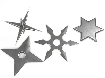 Traditional Ninja Throwing Star Weapon Featuring Four Different Metal Designs And Sharp Blades 3d model