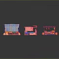 Colorful Traditional Food Market Stalls With Striped Awning And Red Structures