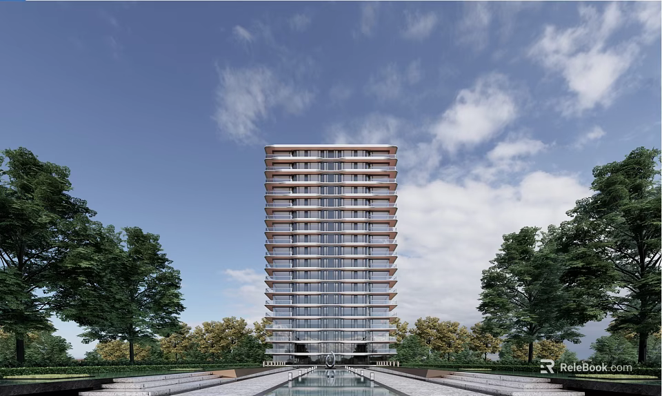 Tall Residential Building with Water Feature Surrounded by Trees Under Blue Sky and White Clouds 3d model 