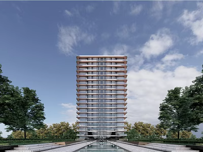 Tall Residential Building with Water Feature Surrounded by Trees Under Blue Sky and White Clouds 3d model