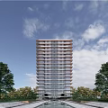 Tall Residential Building with Water Feature Surrounded by Trees Under Blue Sky and White Clouds