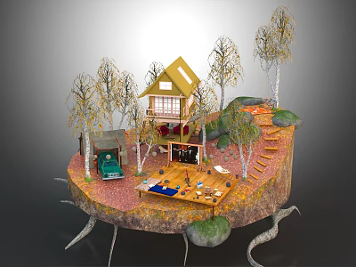 Cartoon Scene Featuring Floating Island Yellow House Trees Wooden Platform And Stairs 3d model